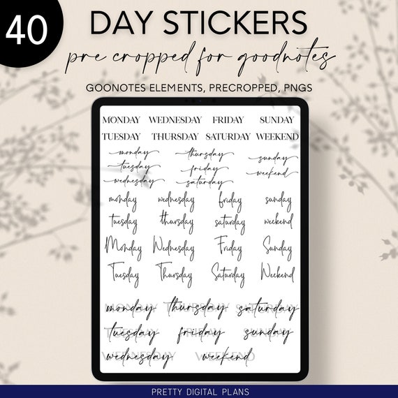 Days of the Week Stickers Goodnotes Digital Planner Stickers Precropped Elements Collection Aesthetic Black Text Essential Calendar Kit