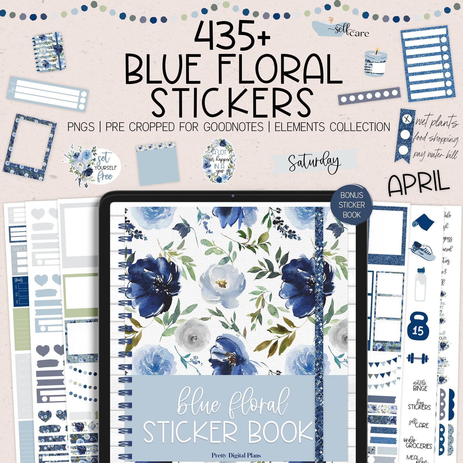 Blue Digital Stickers Goodnotes Floral Sticker Book Functional Planner ...