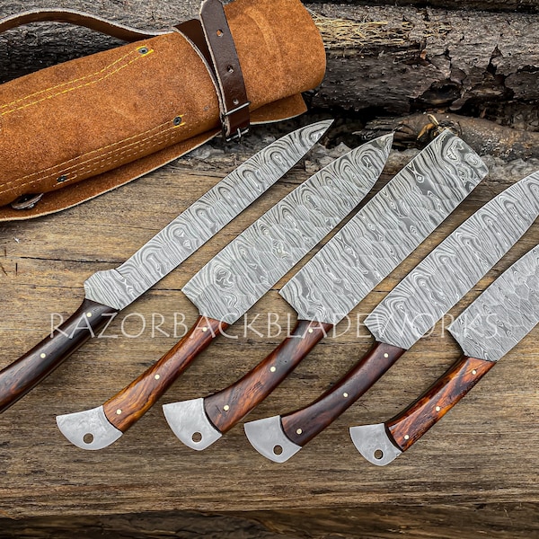 Hand Forged Damascus Chef Knife Set: Rosewood Handle, Leather Roll, Personalized Kitchen Knives Set