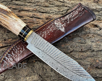 13" Custom Handmade Damascus Steel Knife With Antler Handle With Native Styled Leather Sheath