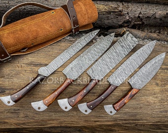 Hand Forged Damascus Chef Knife Set: Rosewood Handle, Leather Roll