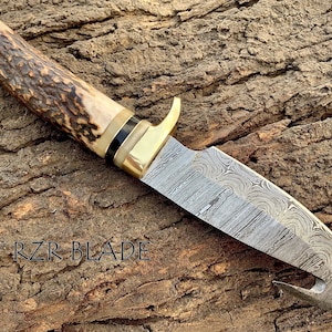 May include: A fixed-blade knife with a Damascus steel blade featuring a gut hook. The handle is crafted from textured brown stag horn with a brass guard and black spacers. The text RZR BLADE is visible on the left side of the blade surface.