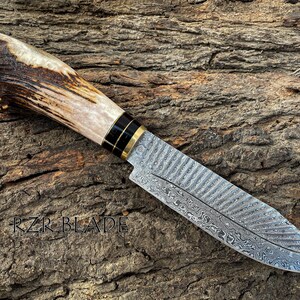 13" Handmade Damascus Hunting Knife With Antler Handle And Leather Sheath bild 2