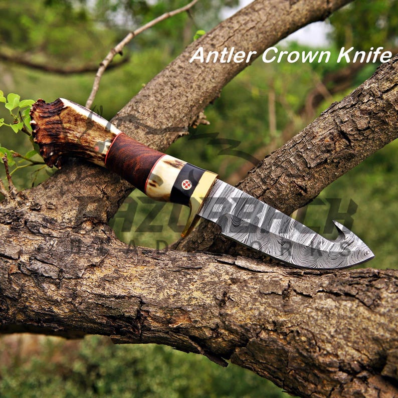 Handcrafted Damascus steel gut hook hunting knife with a genuine stag antler handle, brass guard, mosaic pin, and detailed patterned blade displayed on a rustic tree branch outdoors.