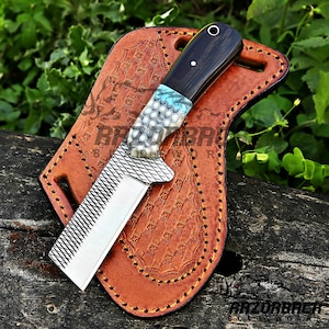 Farrier Rasp Cowboy Knife WIth Wenge wood handle, the knife has a combination of honey comb, tiffany blue and wenge wood handle. the sheath well crafted western cowboy style pancake sheath with a weave pattern on it