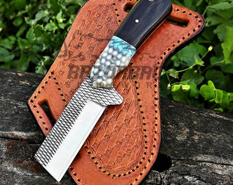 Cowboy Damascus Steel Bull Cutter Knife, Pancake Leather Sheath