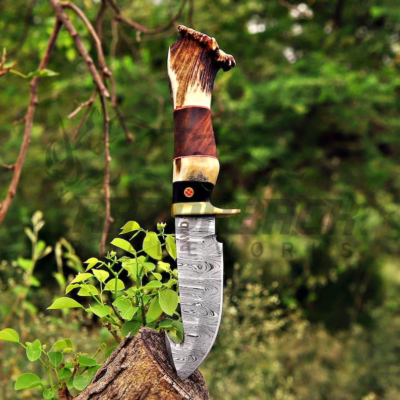 May include: A fixed-blade knife featuring a Damascus steel blade with a gut hook and a handle constructed from a combination of textured brown antler, smooth dark wood, and a black bolster with a small circular emblem featuring a red cross.