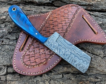 Damascus Bull Cutter Knife: Blue Resin Handle, Leather Sheath