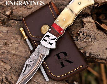 Customized Pocket Knife bone handle   Personalized leather sheath Anniversary gift for him
