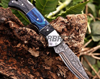 Custom Pocket Knife With Personalized Name Engraving And Damascus Steel Blade, Comes Leather Sheath