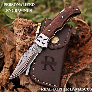 Handmade Damascus Steel EDC Pocket Knife, Personalized Folding Knife for Hunting & Camping, Leather Sheath Gift for Dad