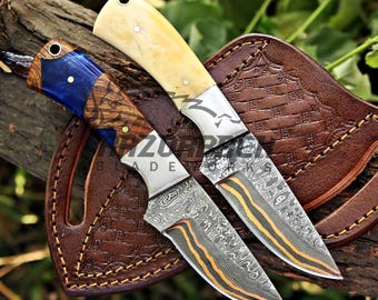 Copper Damascus Skinner Knife With Bone Handle And Leather Sheath
