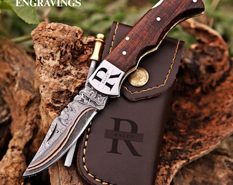 Handmade Copper Damascus Folding Knife Copper Pocket Knife Wooden Handle Turquoise Fold Blade Knife Best Anniversary Gift Groomsman Gift