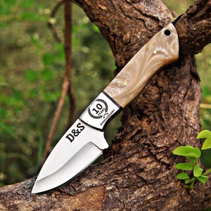 May include: A fixed-blade knife with a silver-toned metal blade featuring the text D&S and a 10 Years Anniversary emblem. The handle is made of a smooth, marbled beige and cream material with two small brass pins and a lanyard hole at the end.