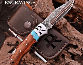 Personalized Damascus Steel Pocket Knife, Custom Engraved Wood Handle, Leather Sheath (3.0" Blade)