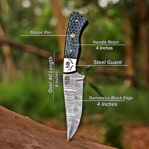 May include: A knife with a 4-inch Damascus steel blade featuring a black edge, a steel guard with an SB logo, and a 4-inch resin handle with a honeycomb pattern and a mosaic pin. The total length of the knife is 8 inches as labeled in the image.