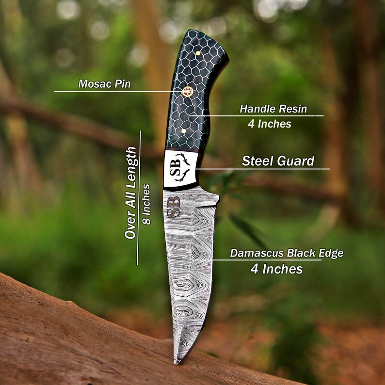 May include: A knife with a 4-inch Damascus steel blade featuring a black edge, a steel guard with an SB logo, and a 4-inch resin handle with a honeycomb pattern and a mosaic pin. The total length of the knife is 8 inches as labeled in the image.