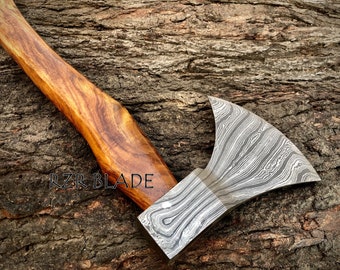 Damascus Throwing Axe: 18-inch Viking Style Outdoor Axe with Leather Sheath