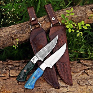 Custom hunting knife set with Damascus steel blade, resin handles, mosaic pins, and handcrafted craftsmanship displayed in a natural outdoor setting.