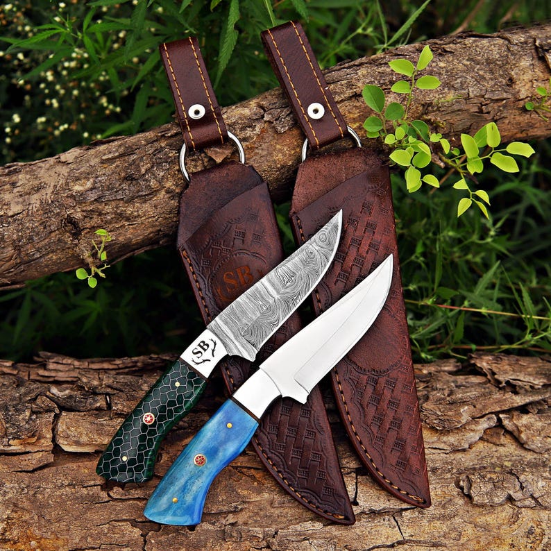 Custom hunting knife set with Damascus steel blade, resin handles, mosaic pins, and handcrafted craftsmanship displayed in a natural outdoor setting.