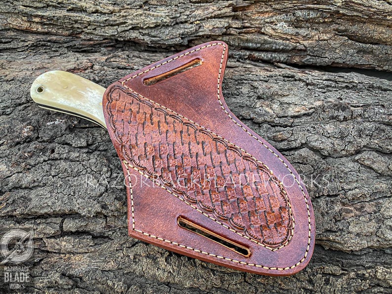 Cowboy Damascus Steel Bull Cutter Knife, Pancake Leather Sheath image 20