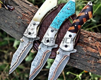 Handmade Copper Damascus Pocket Knife with Pancake Leather Sheath