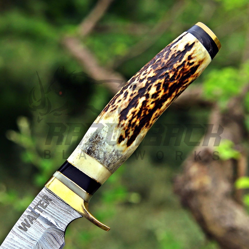 May include: A fixed-blade knife featuring a textured antler handle with dark brown and cream tones. The handle includes brass and black spacers near the bolster. The blade displays a distinct Damascus steel pattern and the name WALTER engraved.