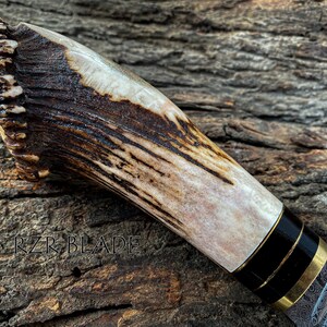 13" Handmade Damascus Hunting Knife With Antler Handle And Leather Sheath bild 7