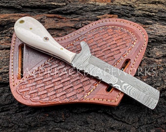 Damascus Bull Cutter Knife With White Handle And Pan Cake Leather Sheath, Cowboy Knife, Cowboy Bull Cutter