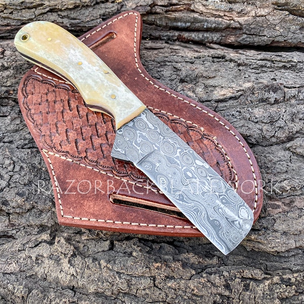 Navaja Cowboy Bull Cutter con hoja de Damasco y funda de cuero para panqueques, funda de cuero para doble uso, cuchillo EDC