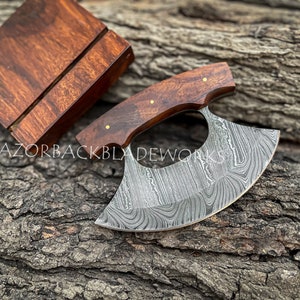 Handcrafted Damascus Ulu Chef Knife with Wood Stand