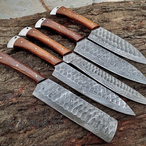 Hand Forged Damascus Chef Knife Set: Rosewood Handle, Leather Roll image 5