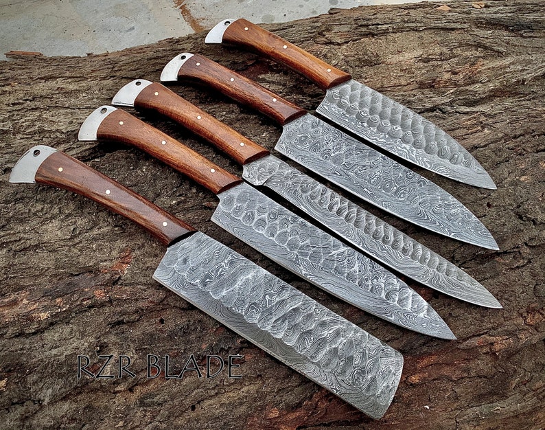 Hand Forged Damascus Chef Knife Set: Rosewood Handle, Leather Roll image 5