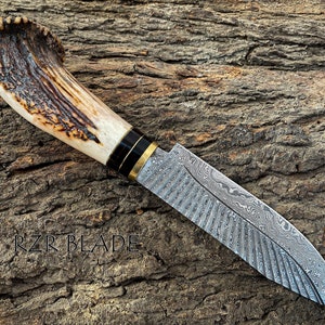 13" Handmade Damascus Hunting Knife With Antler Handle And Leather Sheath bild 3