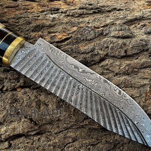 13" Handmade Damascus Hunting Knife With Antler Handle And Leather Sheath bild 4