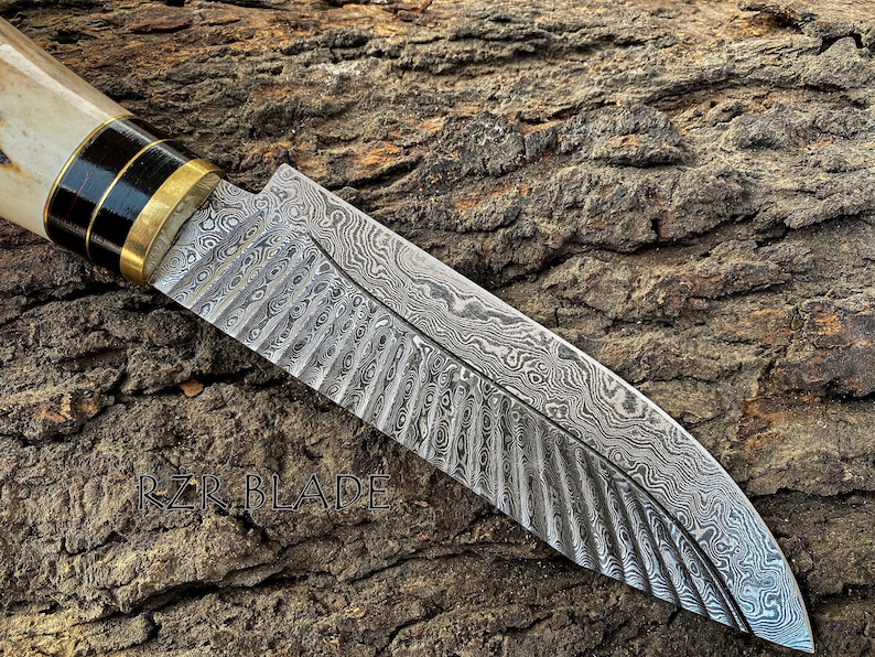 13" Handmade Damascus Hunting Knife With Antler Handle And Leather Sheath bild 4