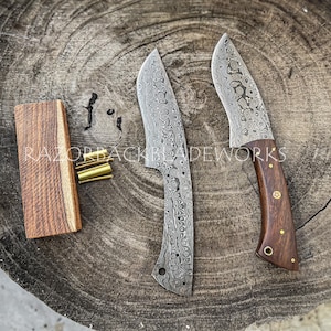 this include a damascus knife blank with a raindrop pattern, along with wood scale, brass pins to assemble the knife handle, perfect blank for knife making