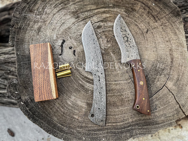 this include a damascus knife blank with a raindrop pattern, along with wood scale, brass pins to assemble the knife handle, perfect blank for knife making