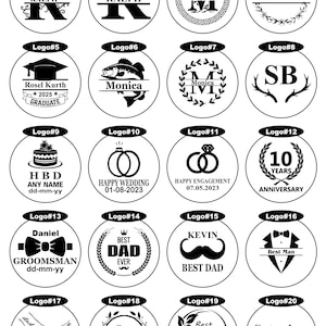 May include: A collection of twenty circular black and white graphic designs featuring various monograms, names, dates, and illustrations including a graduation cap, fish, wedding rings, cake, bow tie, mustache, and floral wreaths for custom engraving.