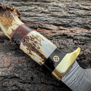 May include: A custom knife with a Damascus steel blade, a brass guard, and a handle crafted from textured antler and dark wood. The handle features a small circular inlay with four colored dots. The text RAZORBACKBLADEWORKS is visible.