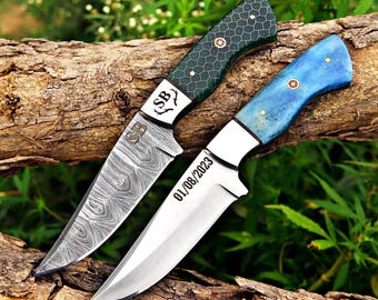 Handmade damascus personalized hunting knife with bone and ram horn handle