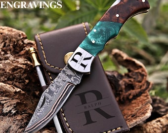 Copper Damascus Pocket Knife with Leather Sheath, personalized folding knife Gift Item