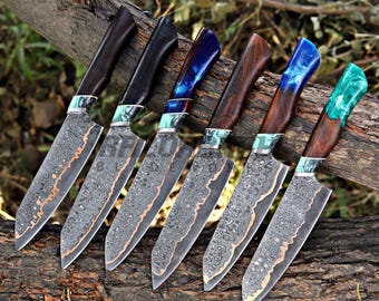 Copper Damascus Chef Knife, San mai Damascus Santoku Chef Knife