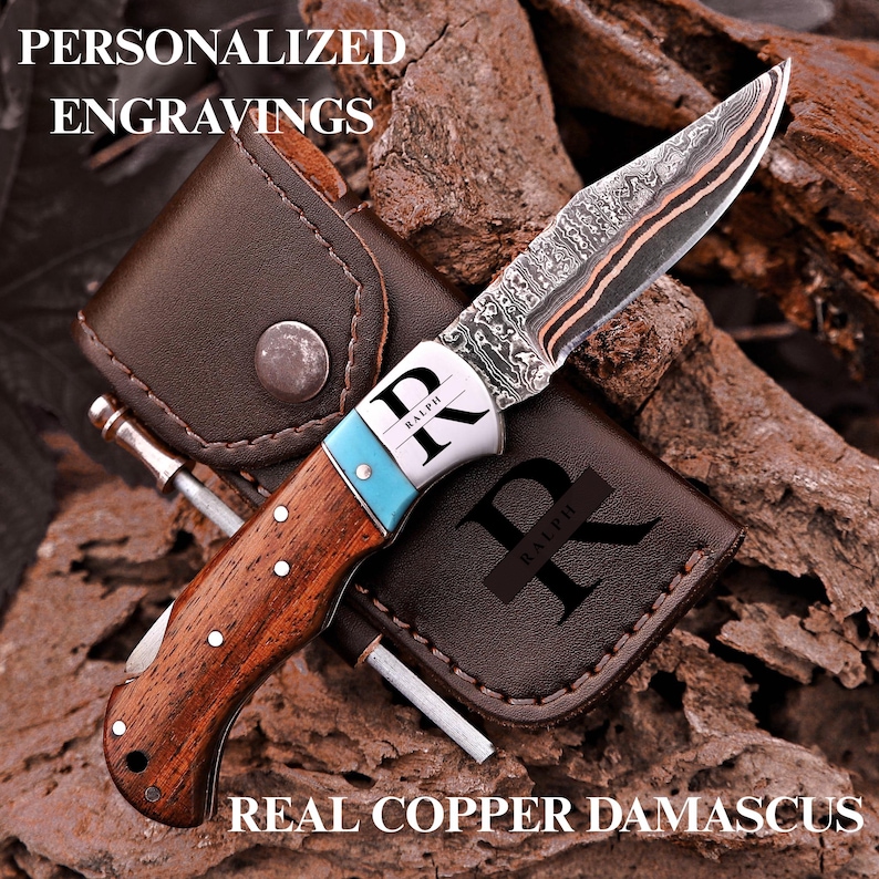 Personalized Pocket Knife With Engraving On Demand, Has Leather Sheath Which Is Also Customizable