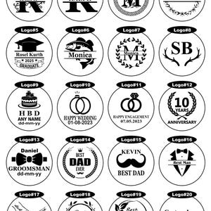 May include: A collection of twenty circular black and white graphic designs featuring various monograms, names, dates, and illustrations including a graduation cap, fish, wedding rings, cake, bow tie, mustache, and floral wreaths for custom engraving.