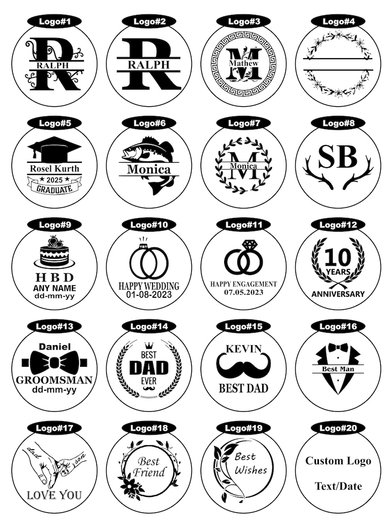 May include: A collection of twenty circular black and white graphic designs featuring various monograms, names, dates, and illustrations including a graduation cap, fish, wedding rings, cake, bow tie, mustache, and floral wreaths for custom engraving.