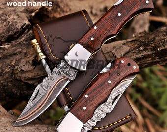 Handmade Copper Damascus Pocket Knife with Real Leather Sheath