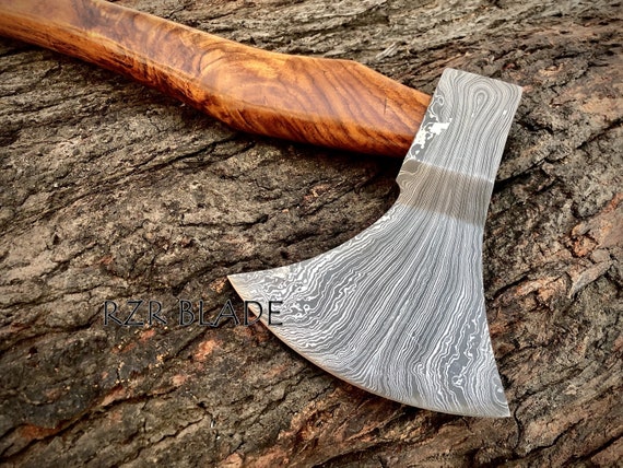 Damascus Viking Axe: Rosewood Handle, Leather Sheath
