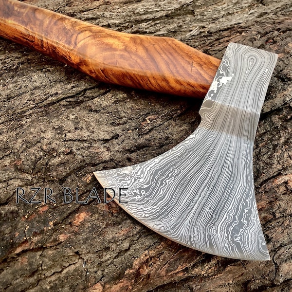 Damascus Viking Axe: Rosewood Handle, Leather Sheath