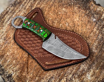 8 Inch Damascus Skinner Knife with Finger Hole & Leather Sheath - Handmade Hunting Gift